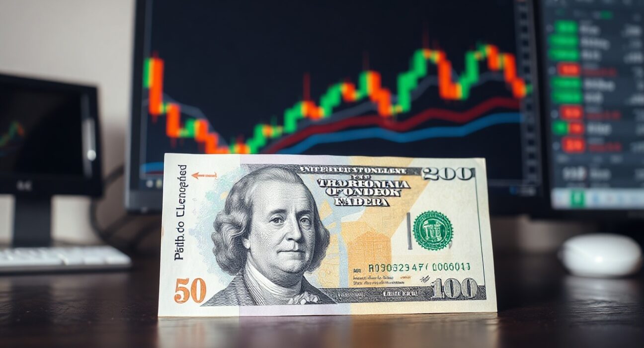 British pound and US dollar banknotes with forex chart in background