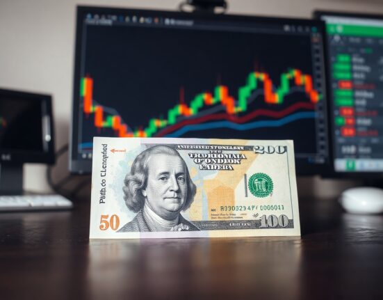 British pound and US dollar banknotes with forex chart in background