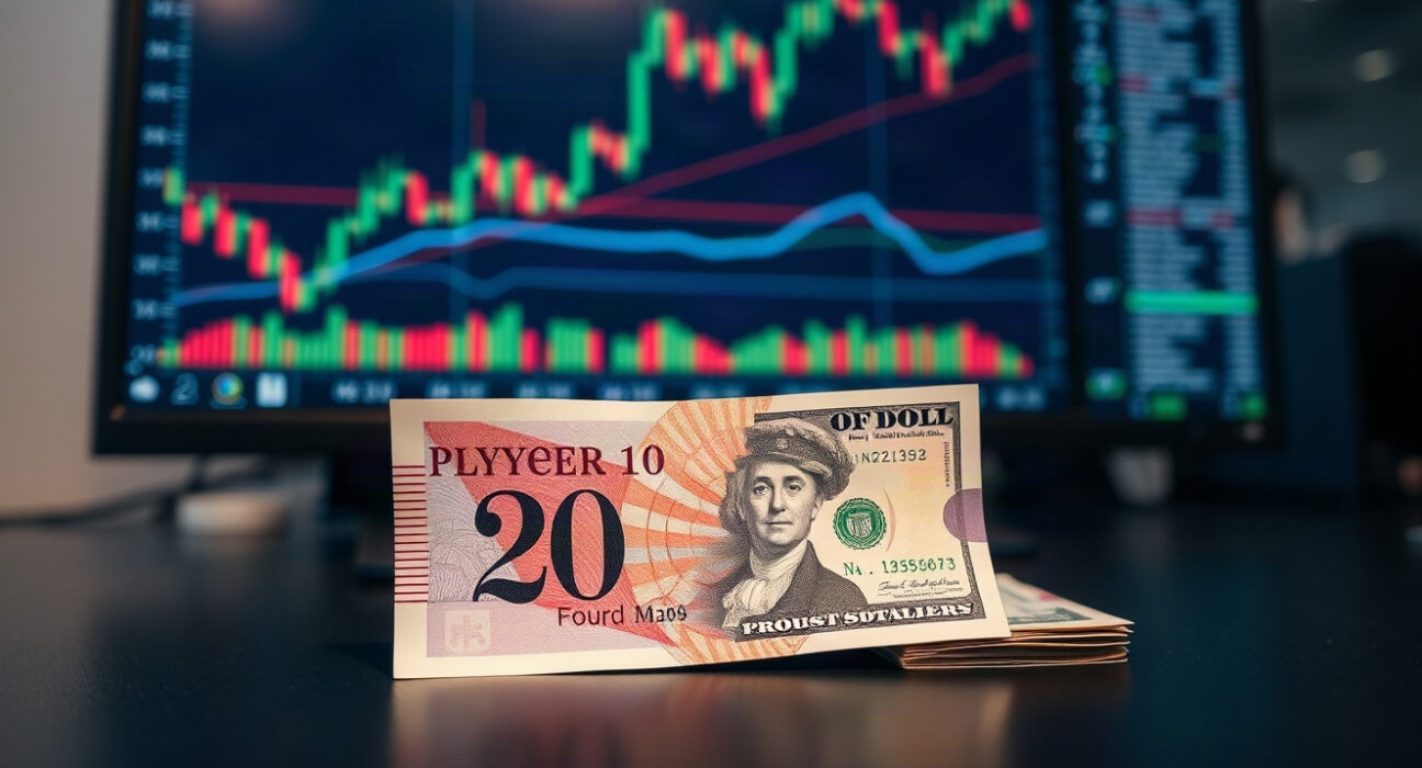 British pound and US dollar banknotes on a trading desk with charts in background