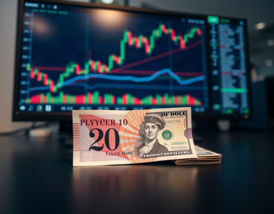 British pound and US dollar banknotes on a trading desk with charts in background