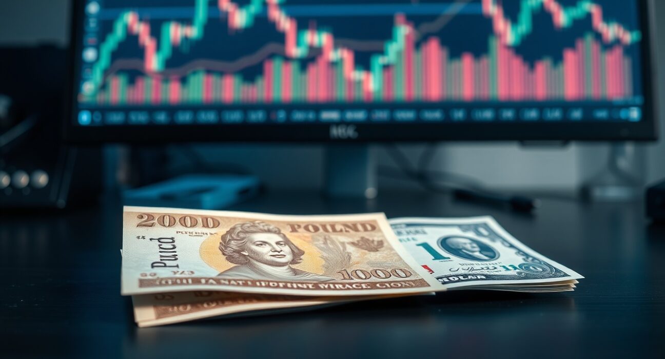 GBP and USD banknotes on a desk with a financial chart monitor in the background.