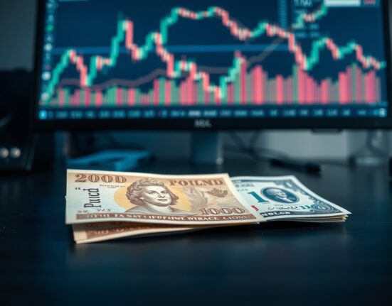 GBP and USD banknotes on a desk with a financial chart monitor in the background.