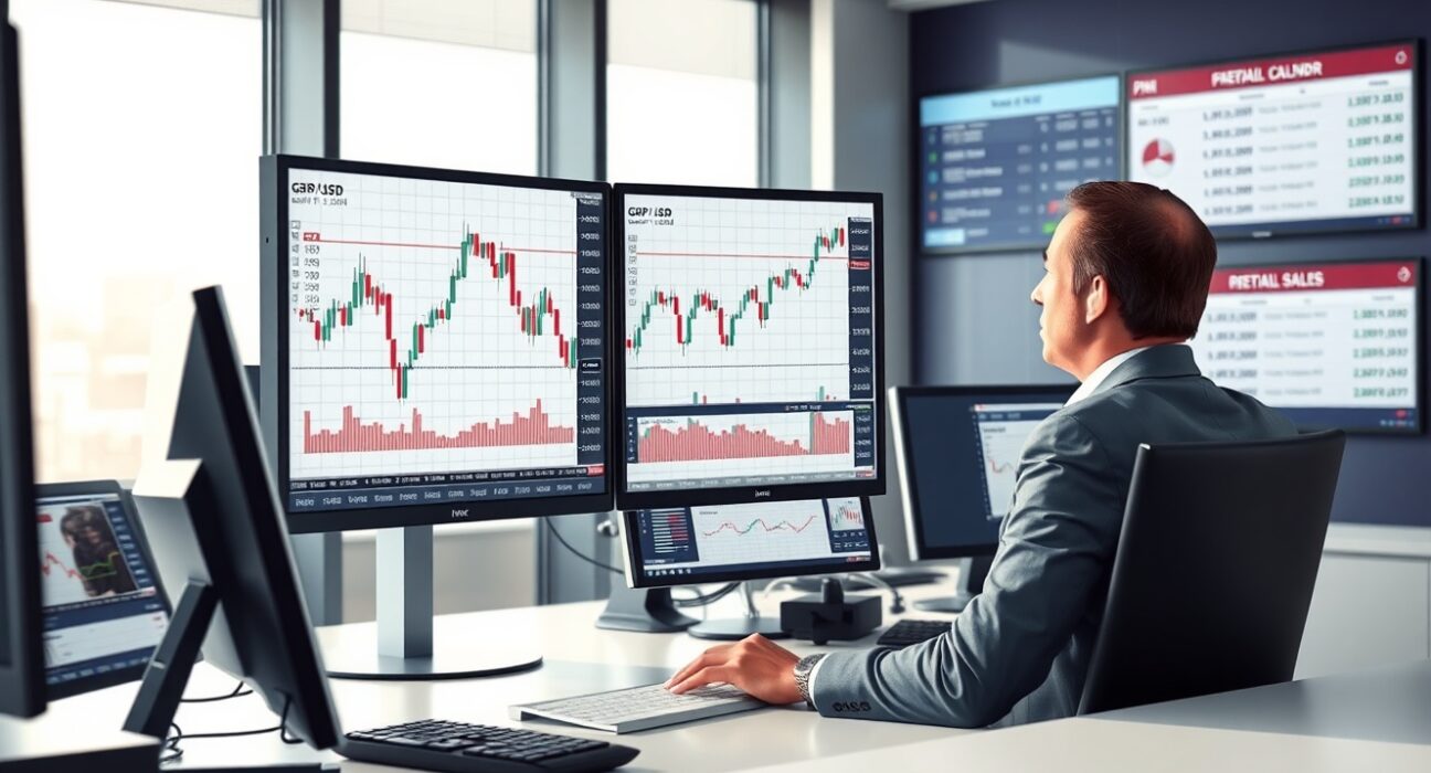Trader analyzing GBP/USD forex chart ahead of UK PMI and retail sales data release.