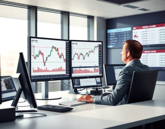 Trader analyzing GBP/USD forex chart ahead of UK PMI and retail sales data release.