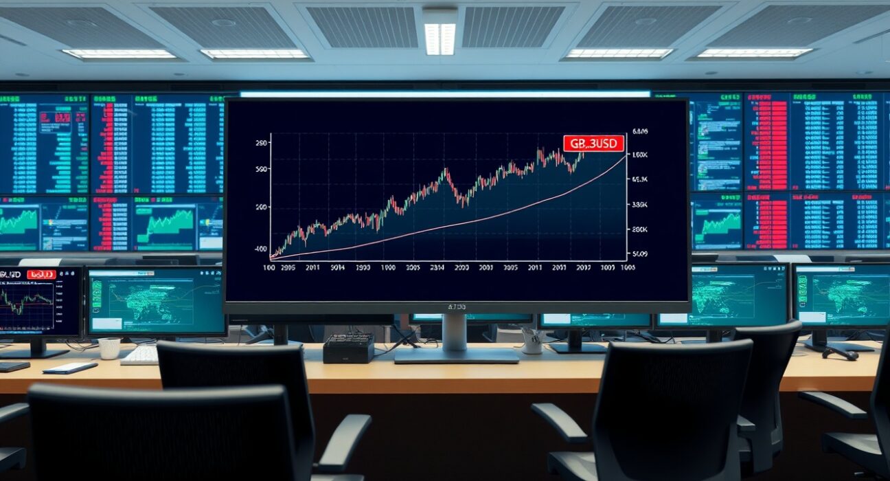 GBP/USD forex chart analysis showing surge towards 1.3600 on trading floor display.