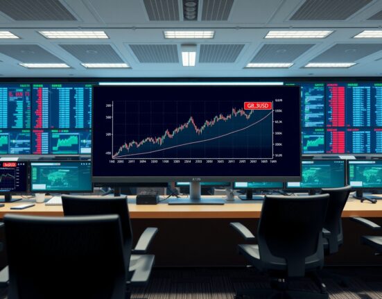 GBP/USD forex chart analysis showing surge towards 1.3600 on trading floor display.