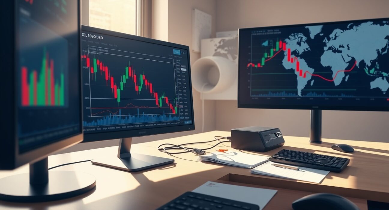 GBP/USD exchange rate chart declining on trading desk monitors amid Iran oil supply uncertainty