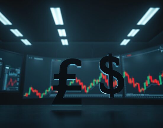 GBP/USD currency pair facing Iran shock risk for UK markets, as analyzed by BNY, with financial chart background