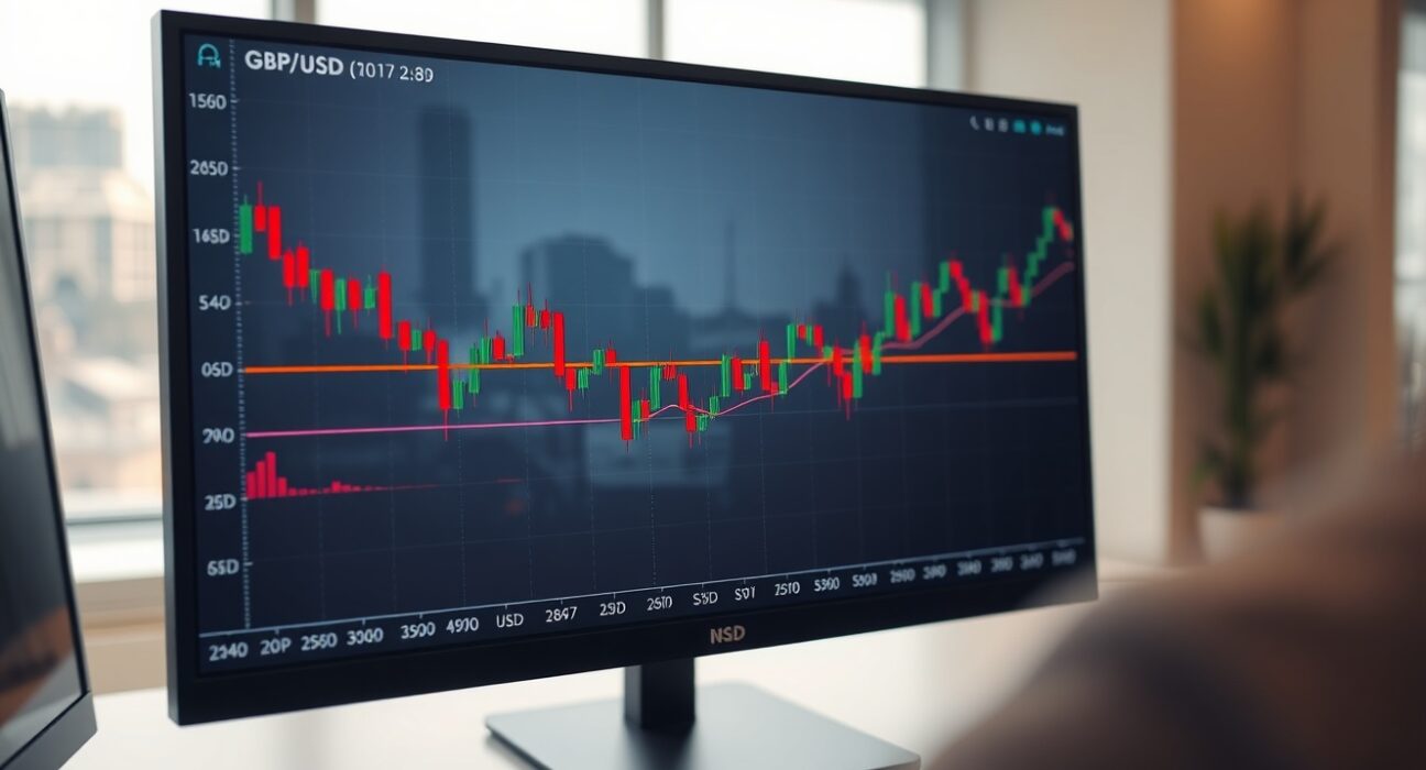 Financial trading screen showing GBP/USD chart with converging moving average lines