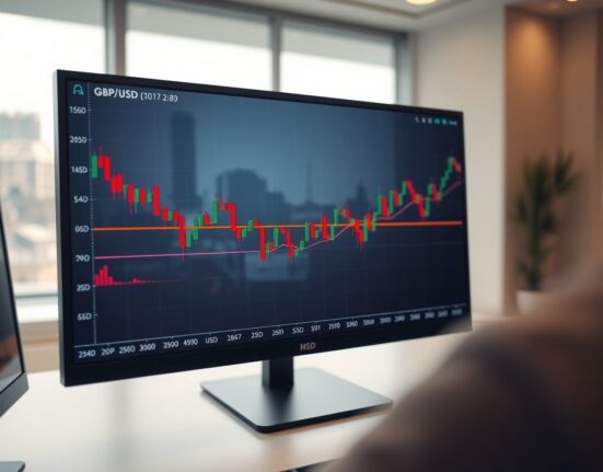 Financial trading screen showing GBP/USD chart with converging moving average lines