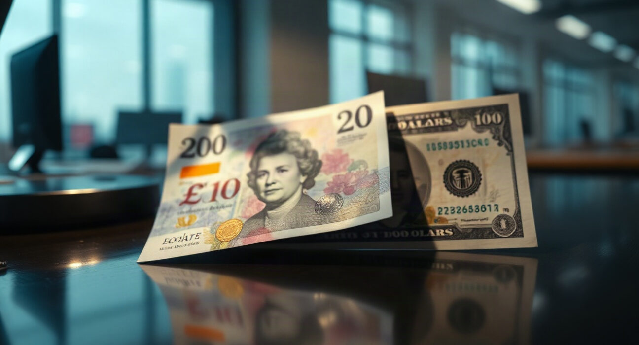 British pound and US dollar banknotes on a desk, representing GBP/USD currency analysis.