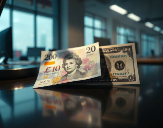 British pound and US dollar banknotes on a desk, representing GBP/USD currency analysis.