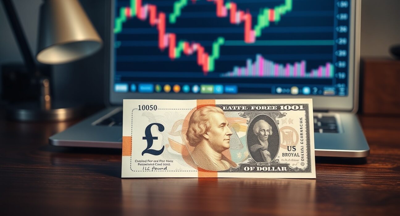 British Pound and US Dollar banknotes on a desk with a forex chart on a laptop screen in the background.