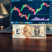 British Pound and US Dollar banknotes on a desk with a forex chart on a laptop screen in the background.