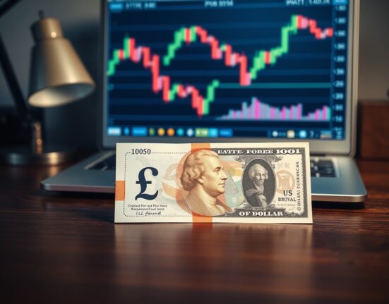 British Pound and US Dollar banknotes on a desk with a forex chart on a laptop screen in the background.