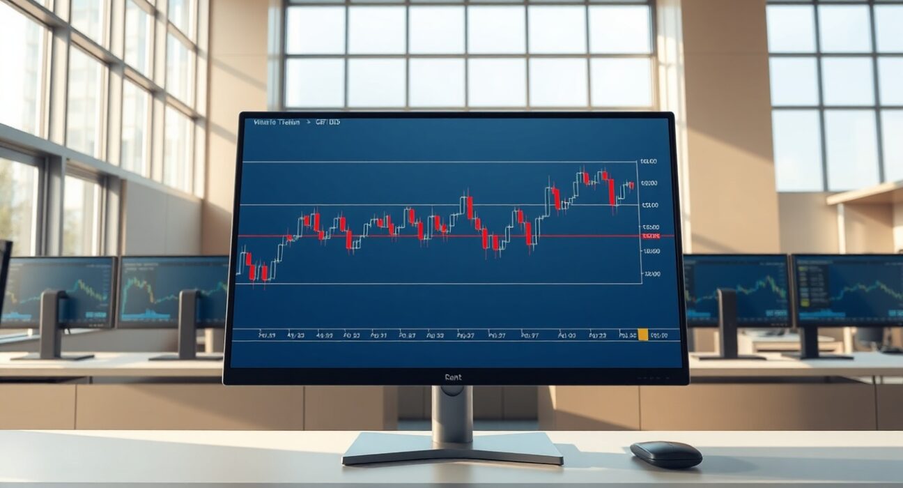 GBP/USD currency pair technical analysis chart showing consolidation pattern on professional trading desk