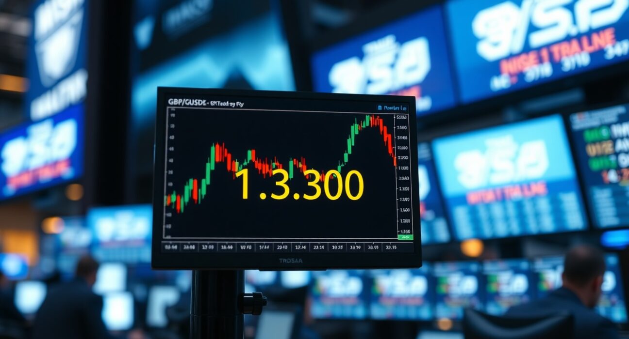 GBP/USD trading chart near 1.3300 on a monitor in a professional trading environment