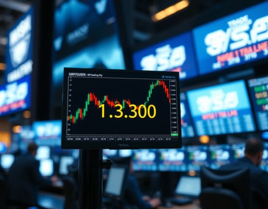 GBP/USD trading chart near 1.3300 on a monitor in a professional trading environment