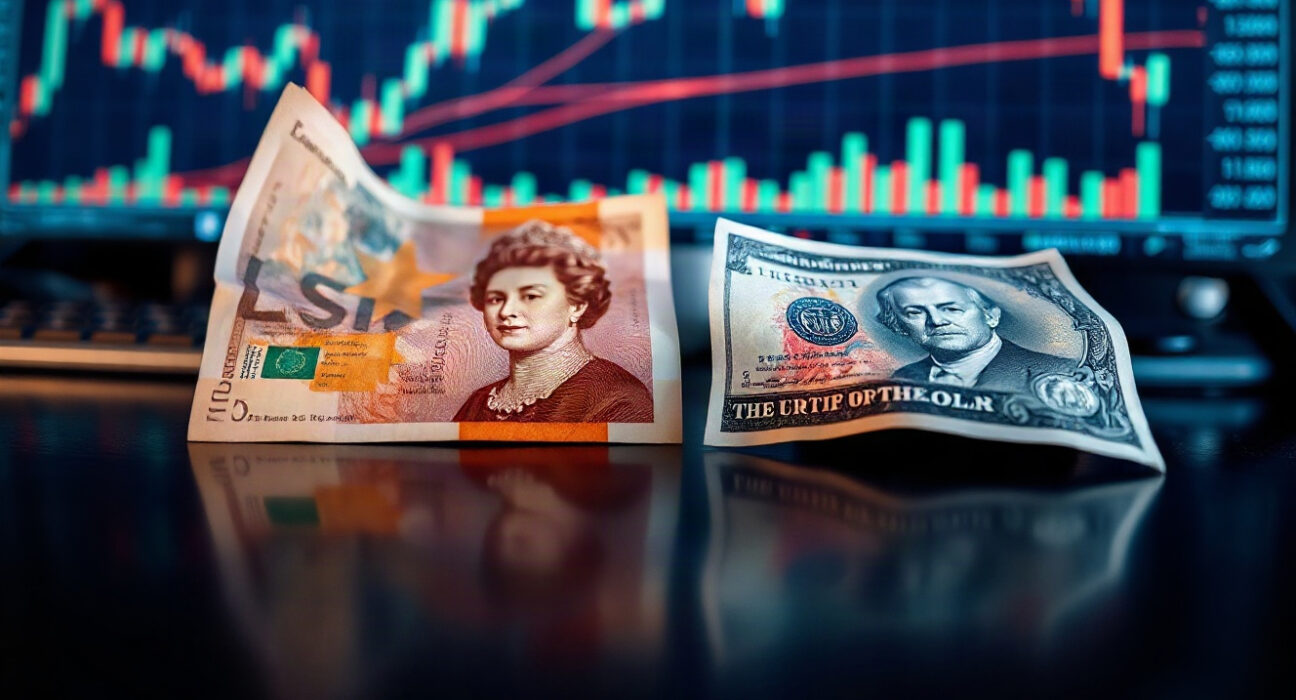 British Pound and US Dollar banknotes on a trading desk, representing the GBP/USD currency pair.