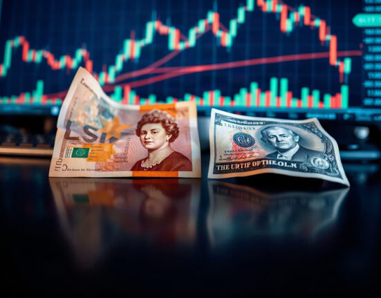 British Pound and US Dollar banknotes on a trading desk, representing the GBP/USD currency pair.