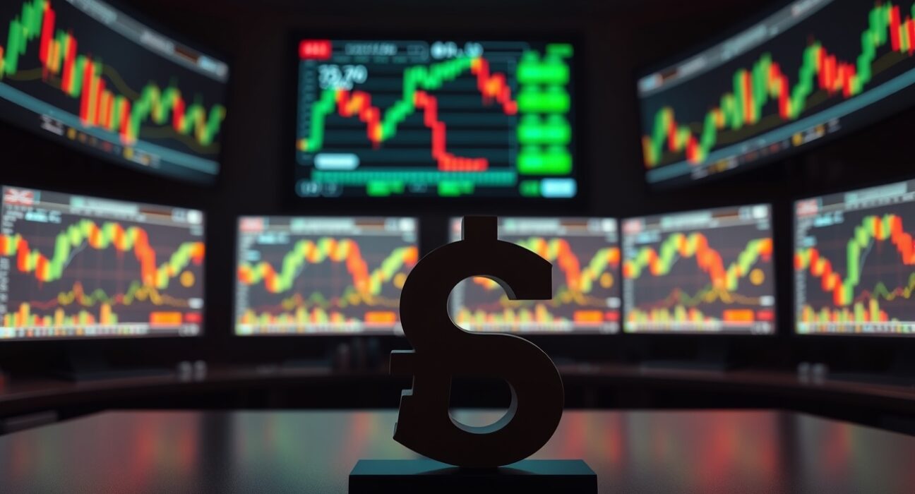 British pound and US dollar symbols on a trading desk with monitors showing forex charts.