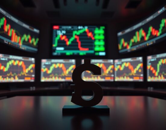 British pound and US dollar symbols on a trading desk with monitors showing forex charts.
