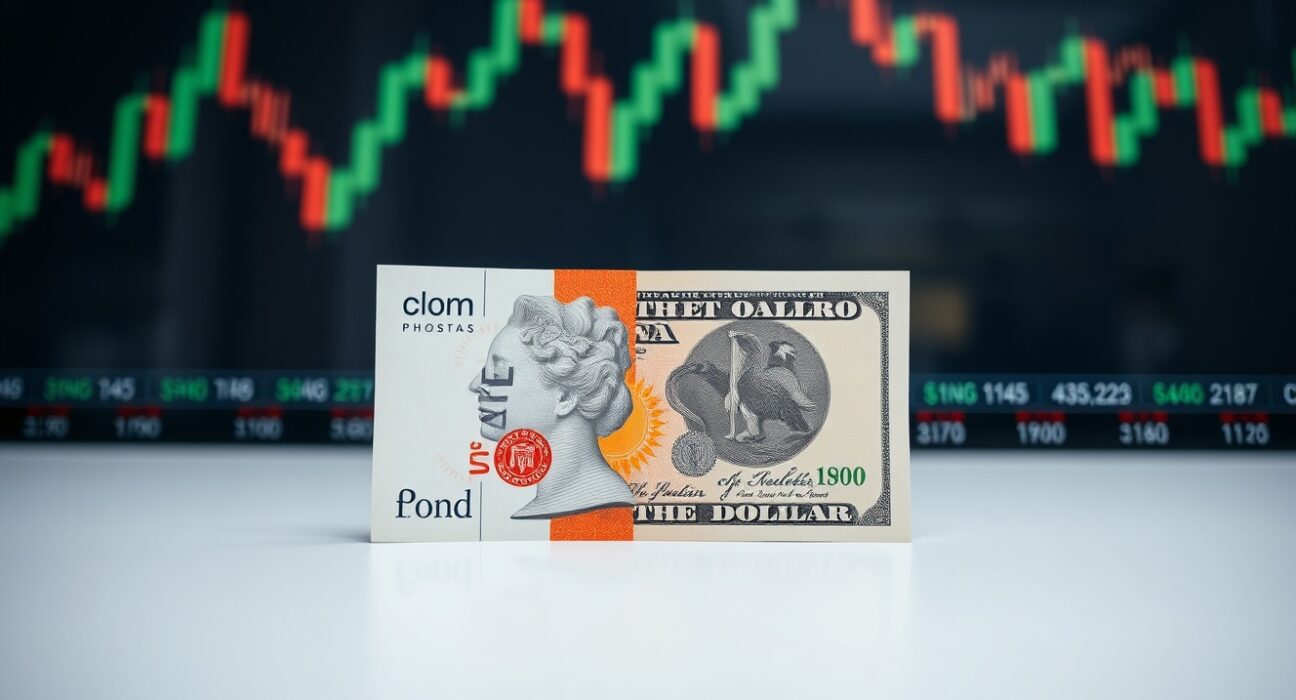 British Pound and US Dollar banknotes on a desk with a blurred financial chart background