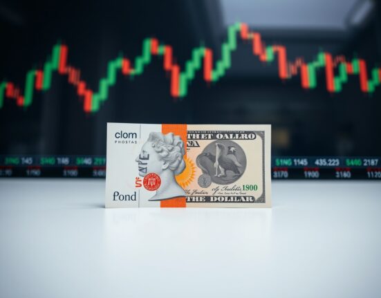 British Pound and US Dollar banknotes on a desk with a blurred financial chart background