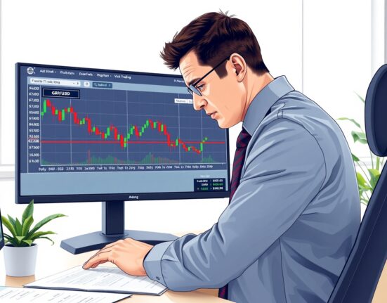 Financial analyst examines GBP/USD forex chart showing oversold conditions targeting 1.30 level.
