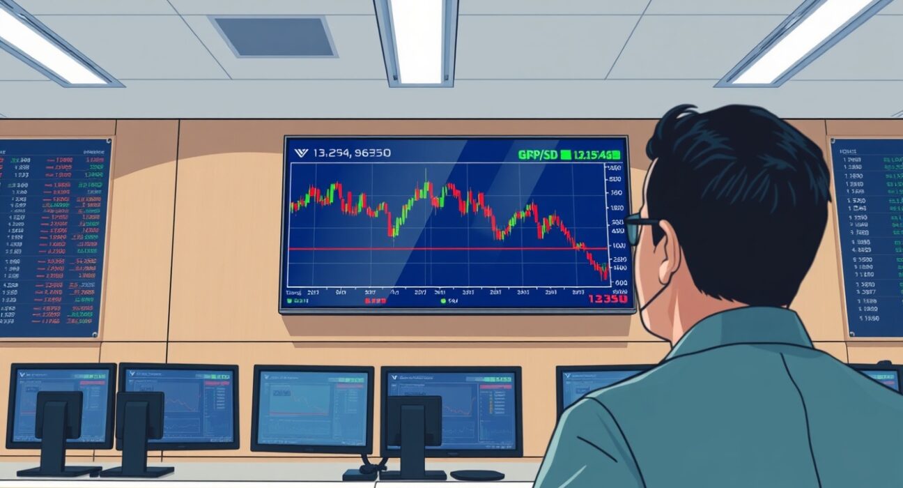 GBP/USD forex chart showing a sharp decline below the 1.3350 level on a trading floor display.