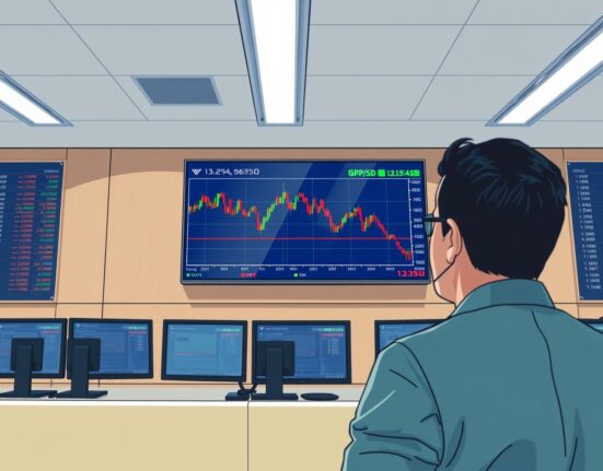 GBP/USD forex chart showing a sharp decline below the 1.3350 level on a trading floor display.