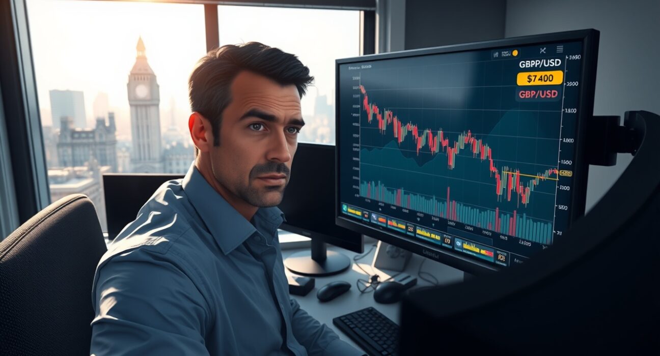 Trader analyzing GBP/USD forex charts after Federal Reserve inflation warning impacts currency markets