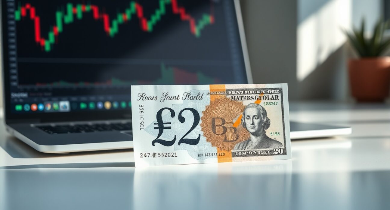 British Pound Sterling and US Dollar banknotes on a trading desk with a candlestick chart in the background.