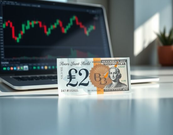 British Pound Sterling and US Dollar banknotes on a trading desk with a candlestick chart in the background.