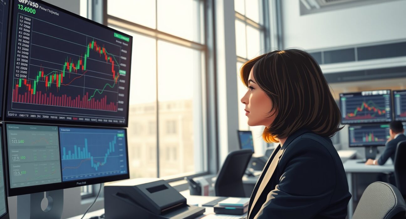 Forex trader analyzing GBP/USD exchange rate charts showing resistance at 1.3400.