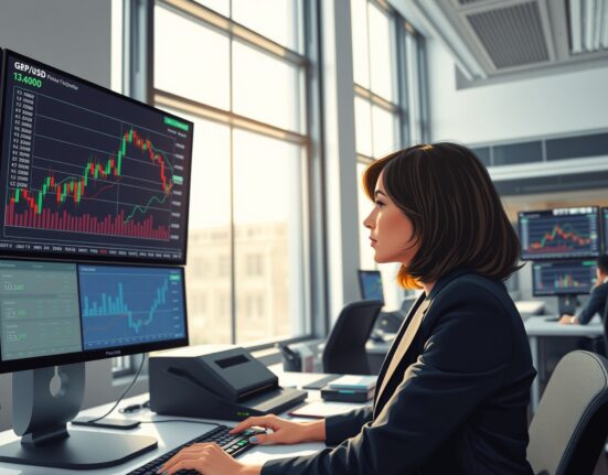 Forex trader analyzing GBP/USD exchange rate charts showing resistance at 1.3400.