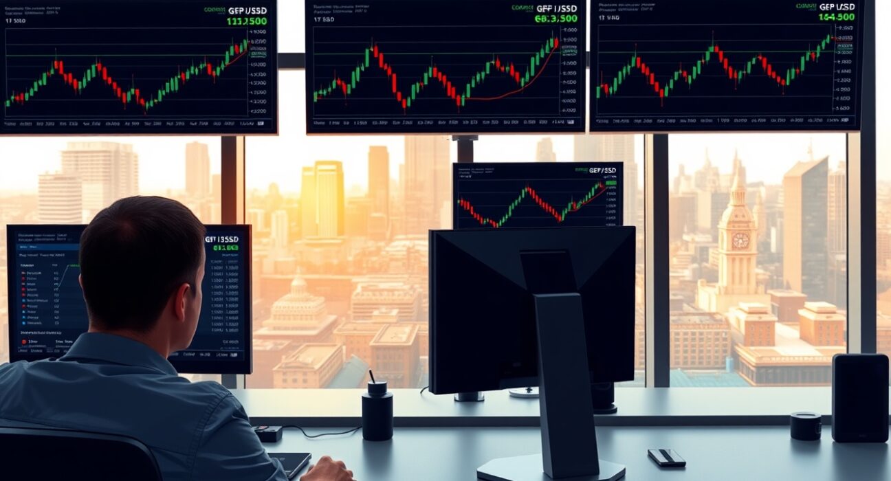 GBP/USD price forecast analysis showing trading terminal with technical charts at critical support level.