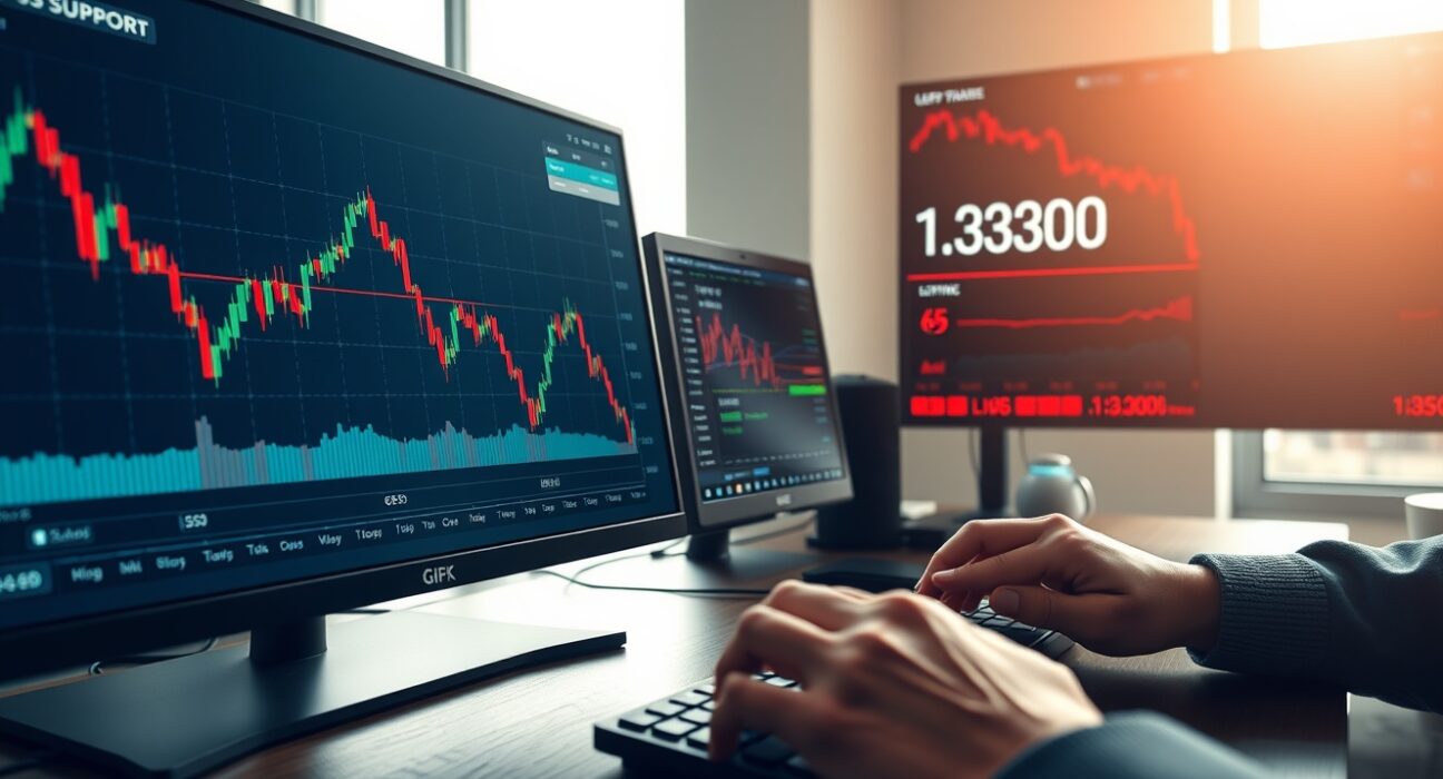 GBP/USD forex trading desk showing real-time charts testing the critical 1.3300 support level