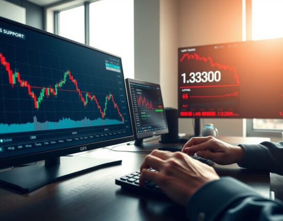 GBP/USD forex trading desk showing real-time charts testing the critical 1.3300 support level