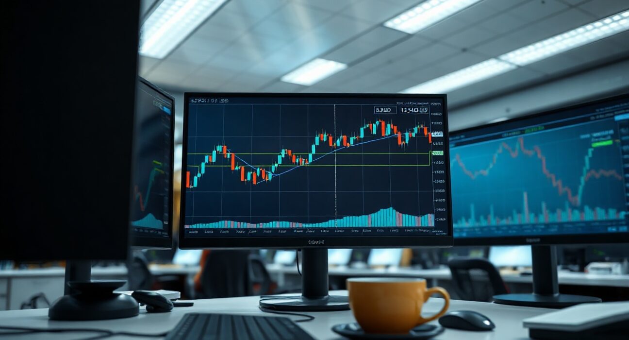 GBP/USD candlestick chart approaching 1.3400 resistance level on trading monitors