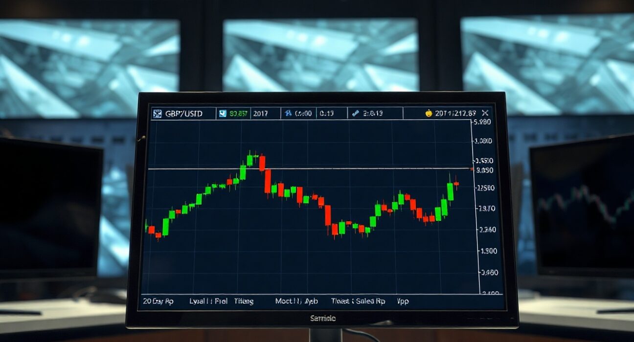 GBP/USD price chart showing 20-day EMA resistance on trading monitor
