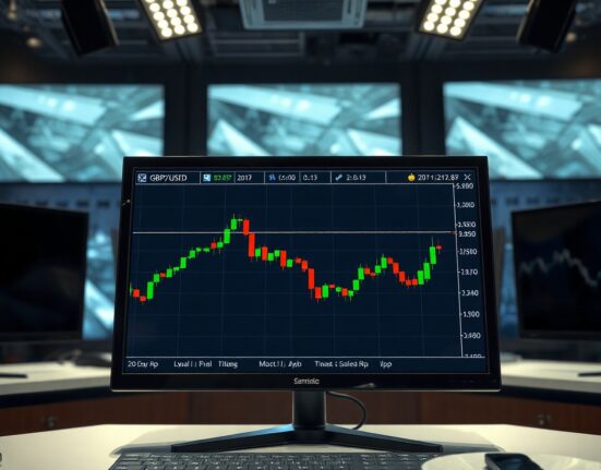 GBP/USD price chart showing 20-day EMA resistance on trading monitor