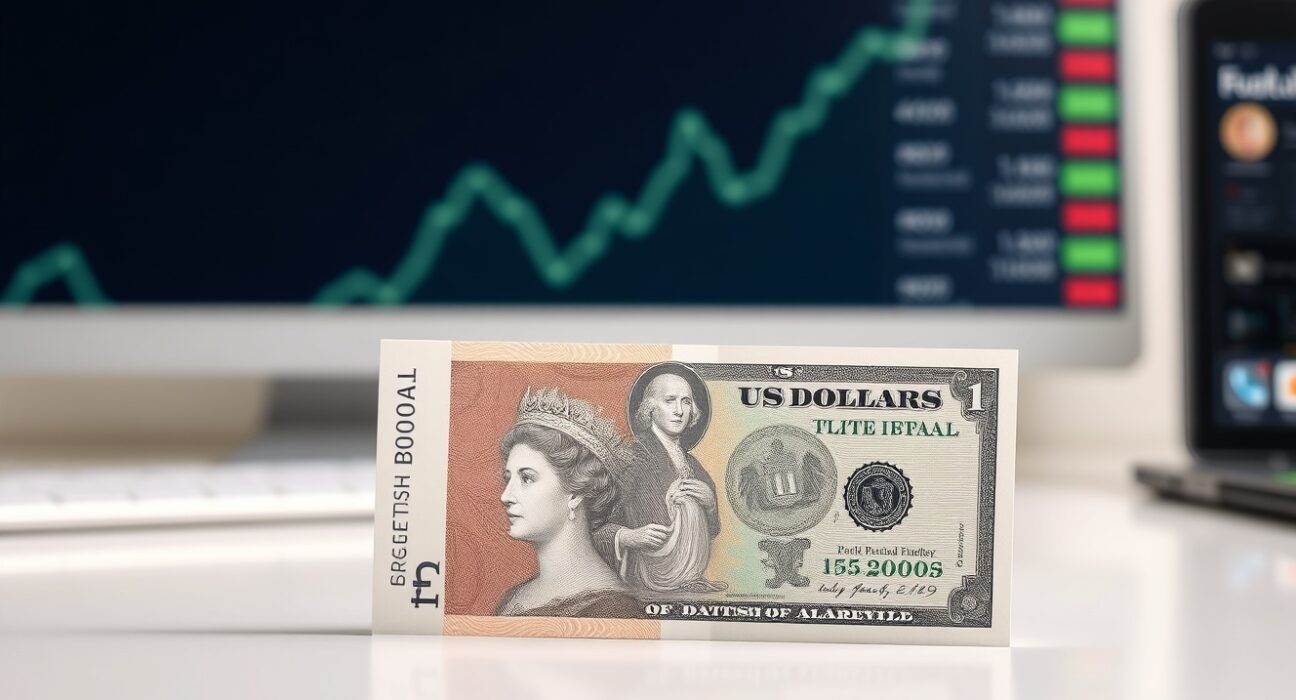 GBP and USD banknotes on a trading desk with a faint upward trend graph in the background