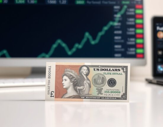 GBP and USD banknotes on a trading desk with a faint upward trend graph in the background