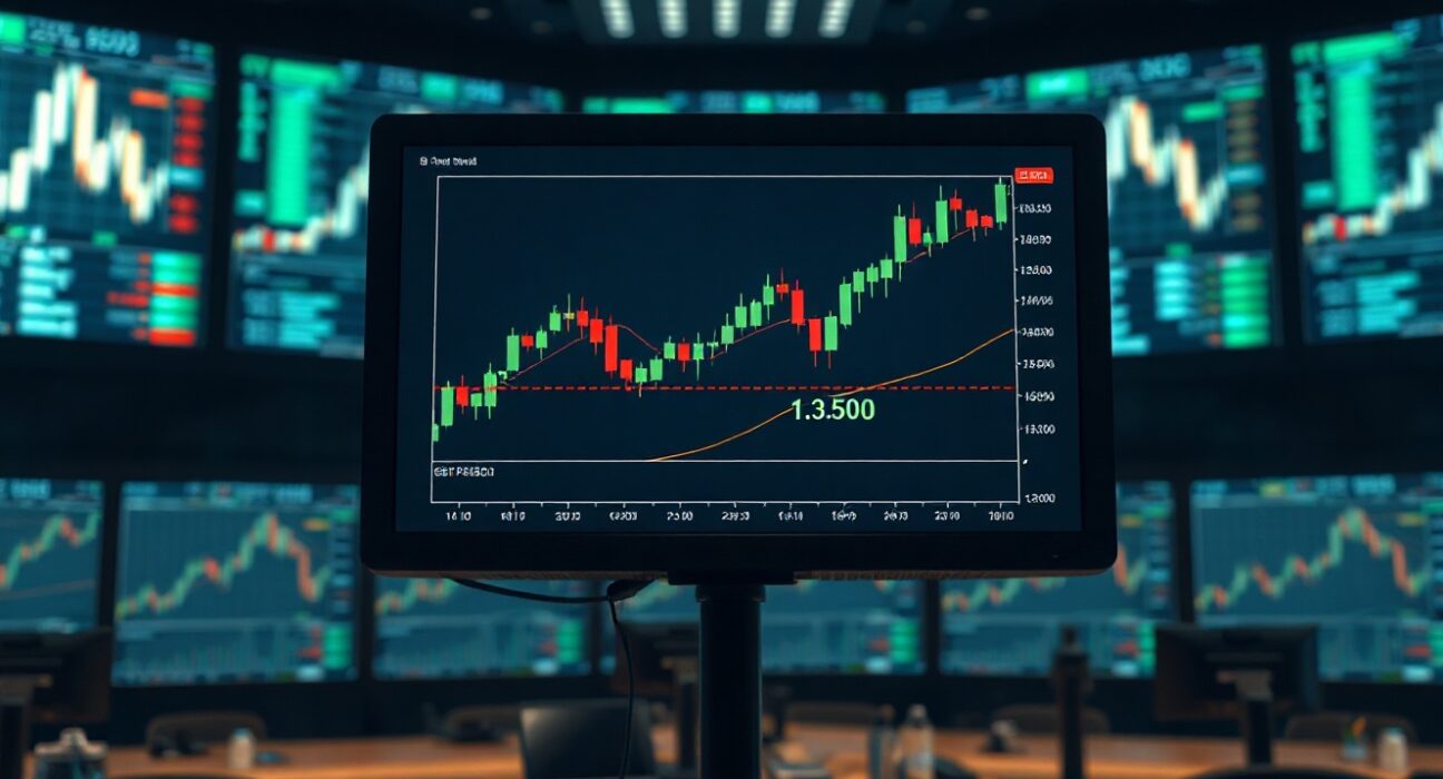 GBP/USD price chart showing an upward trend above the 1.3500 level on a trading monitor