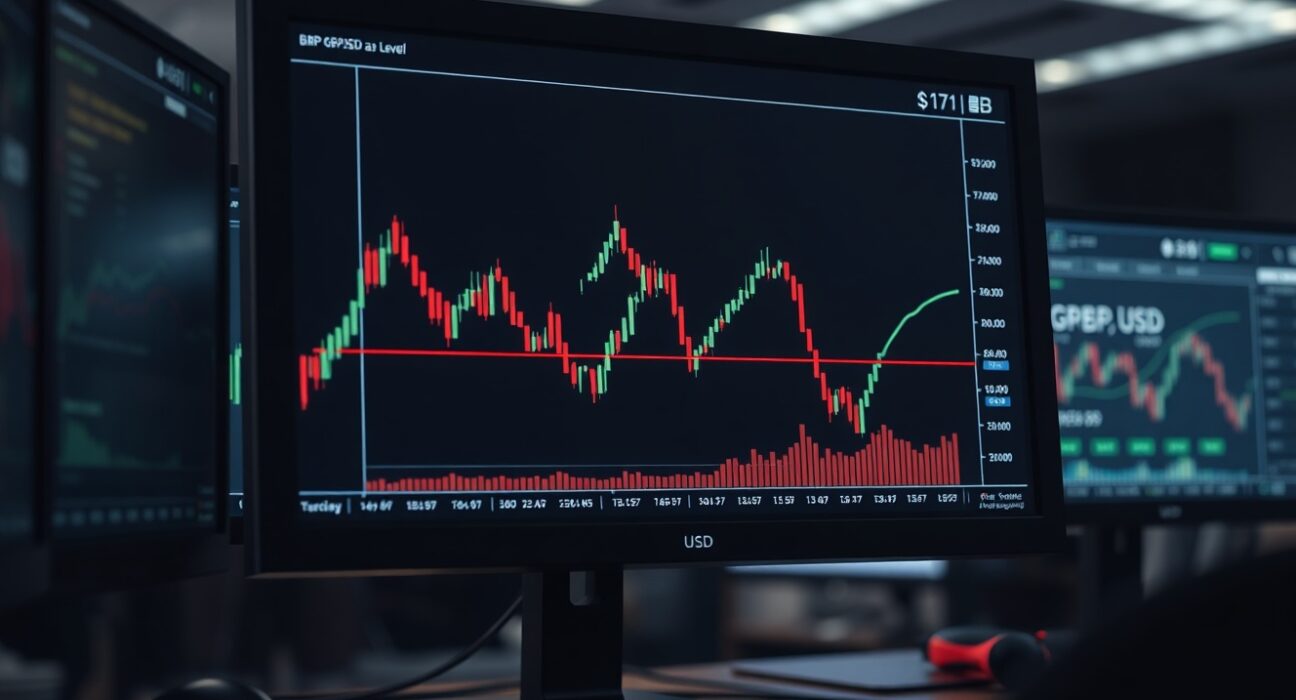 GBP/USD forex chart showing price dip below 1.3350 on a trading monitor