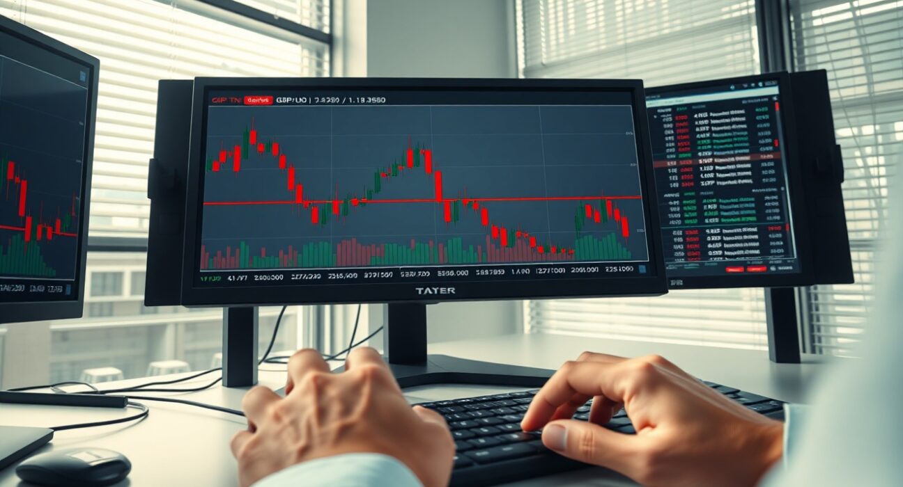 GBP/USD forex trading chart showing downward trend below 1.3250 level on professional trading desk