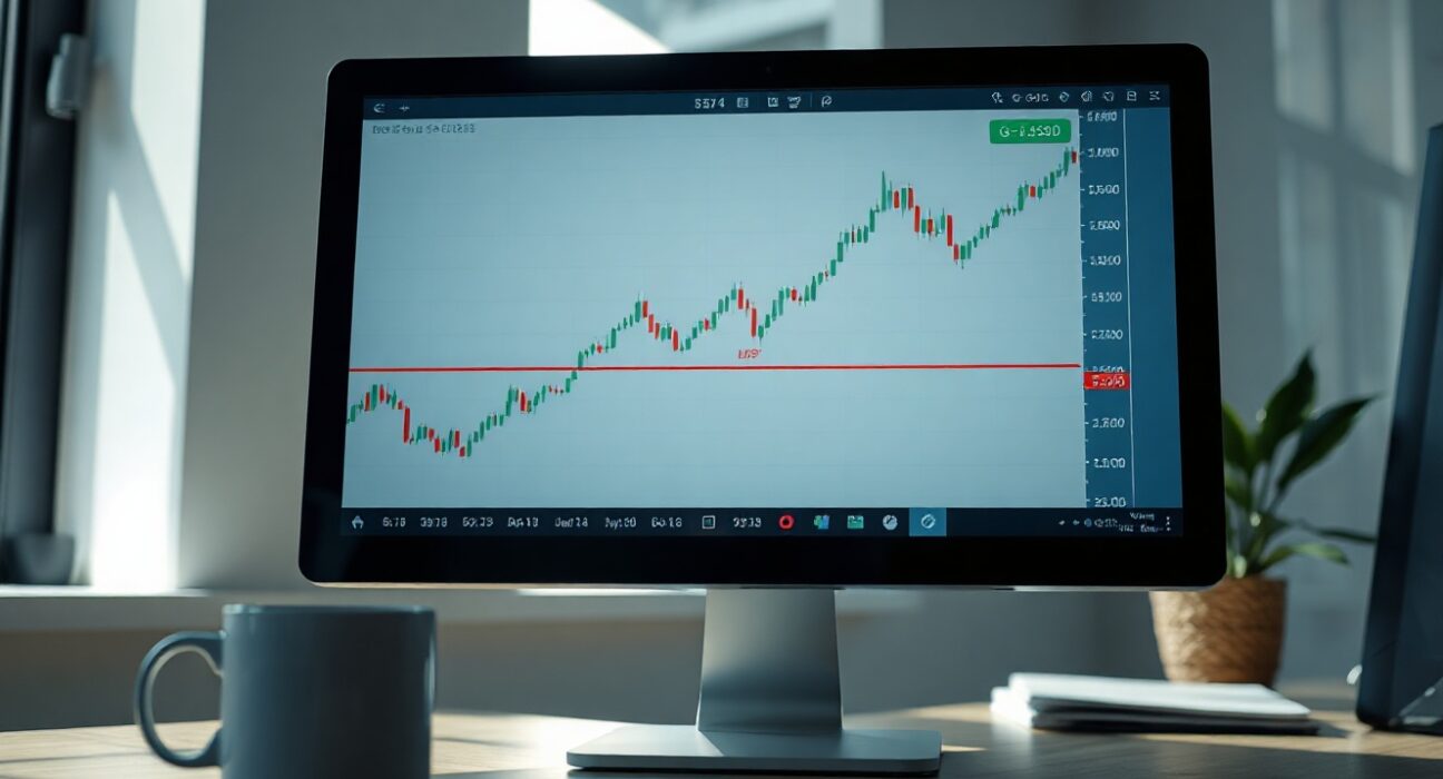 GBP/USD bullish forex chart on trading desk screen with upward trend line