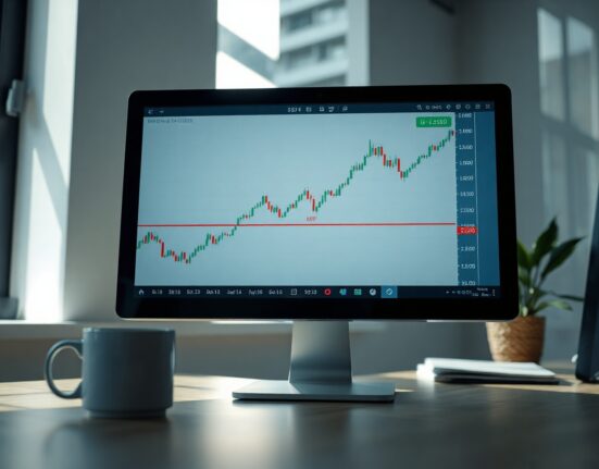 GBP/USD bullish forex chart on trading desk screen with upward trend line
