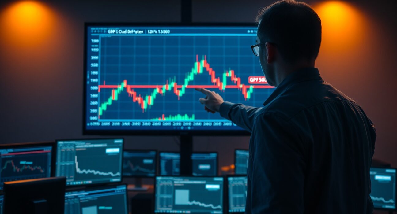 Financial analyst pointing at GBP/USD chart with dark-cloud cover pattern near 1.3500 level